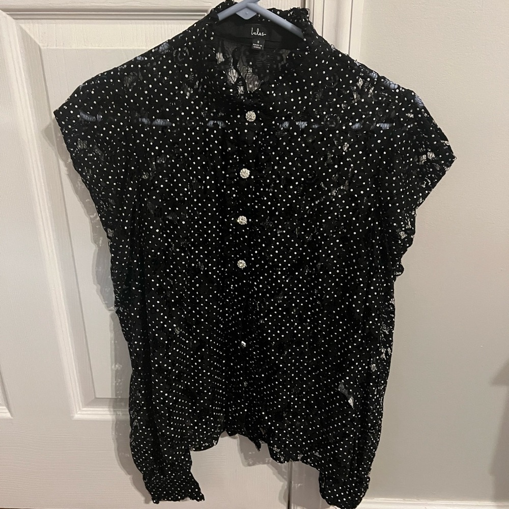 Lulus Sheer Black Crystal Button Up Size Small - image 2